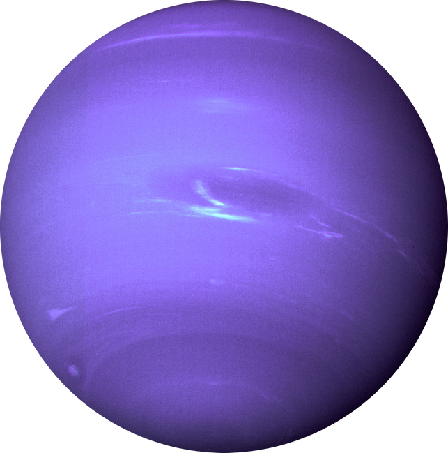 Photo of full-disk view of Neptune produced from the last whole planet images taken through the green and orange filters on the Voyager 2 narrow angle camera